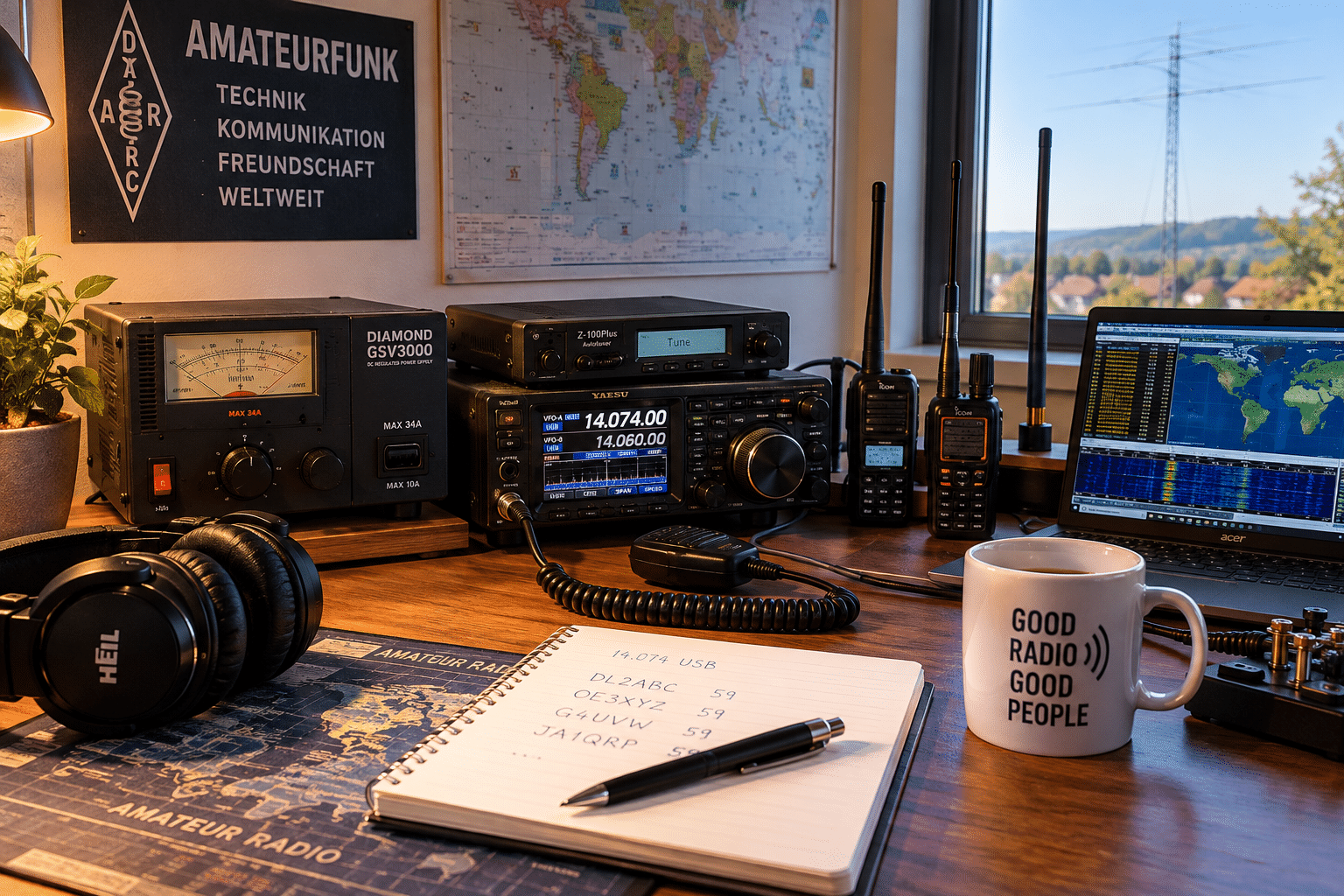 Amateurfunk Grundausstattung mit Funkgerät, Handfunkgeräten, Netzteil und Zubehör