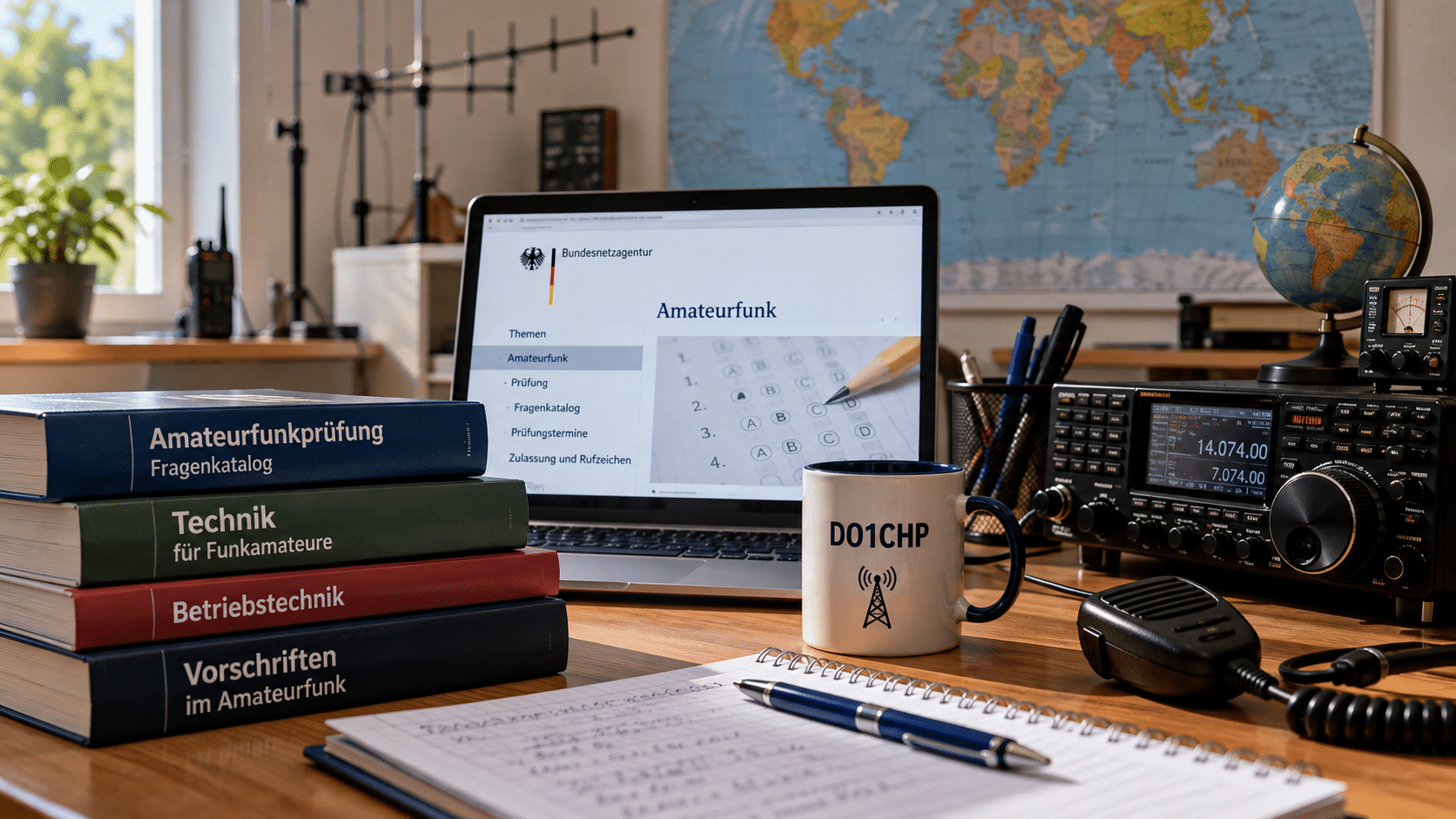 Amateurfunk Lizenz: Arbeitsplatz zur Prüfungsvorbereitung mit Fragenkatalog, Laptop und Amateurfunkgerät
