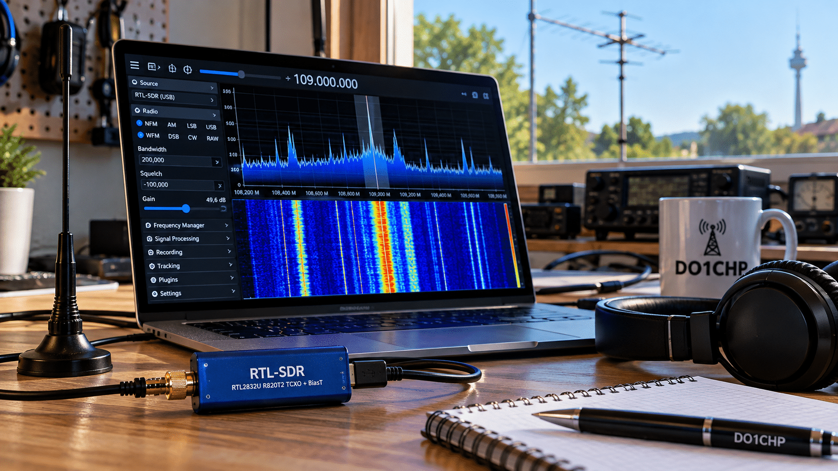 Software Defined Radio mit RTL-SDR-Empfänger, Antenne und SDR-Software am Computer