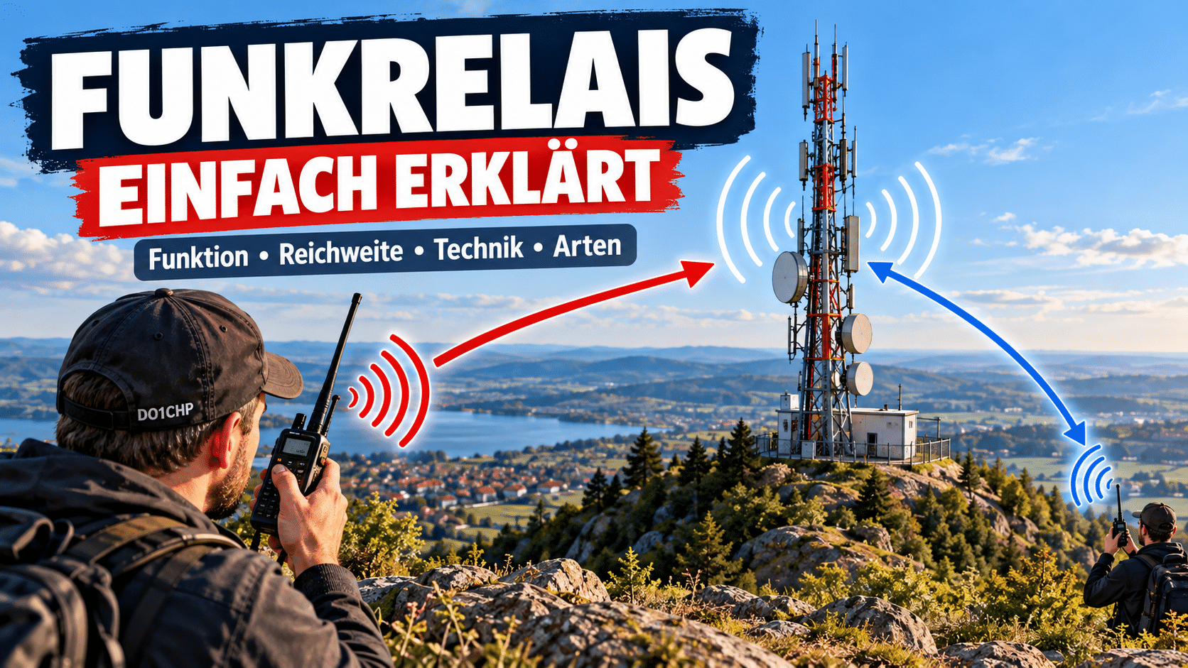 Funkrelais im Amateurfunk: Zwei Funkamateure kommunizieren mit Handfunkgeräten über eine Relaisstation auf einem Berg.