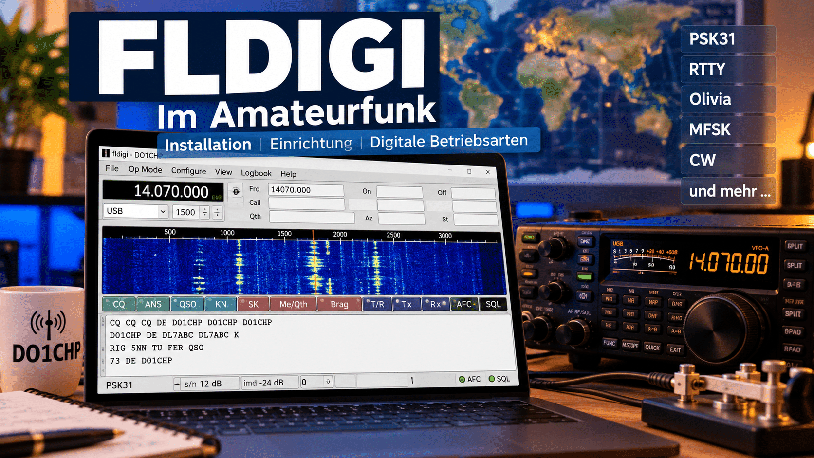 FLDIGI im Amateurfunk: Laptop mit digitalem Wasserfalldiagramm neben einem Funkgerät, mit Hinweisen zu PSK31, RTTY und Olivia.
