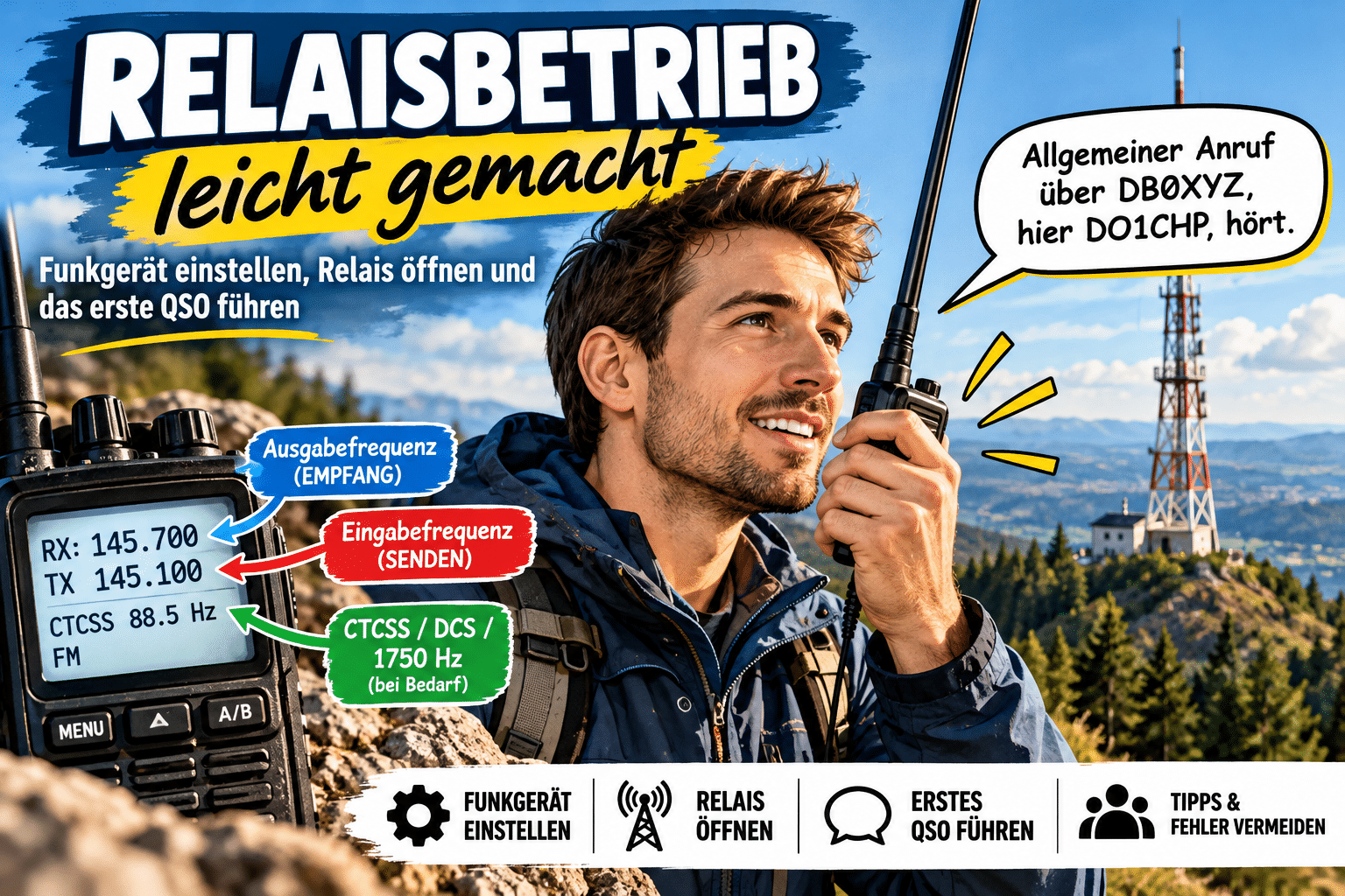Fotorealistische Comic-Illustration zum Relaisbetrieb auf 2 m und 70 cm: Funkamateur spricht über ein Handfunkgerät mit einer Relaisstation.